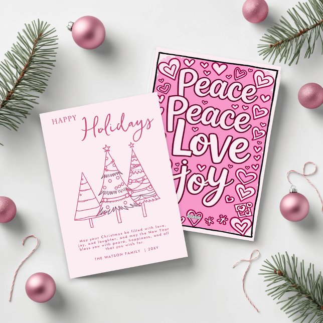 Cartes Pour Fêtes Annuelles Arbres roses Doodle tiré à la main Whimsy Noël (Pink Trees Hand Drawn Doodle Whimsy Christmas Holiday Card)