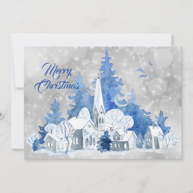 Cartes Pour Fêtes Annuelles Arbres Rustique Bleu Aquarelle Noël Appartement (Devant)