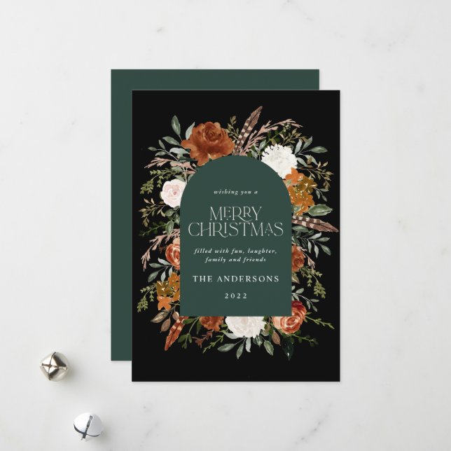 Cartes Pour Fêtes Annuelles Arc botanique élégant et fleuri vert (Devant/Arrière en situation)