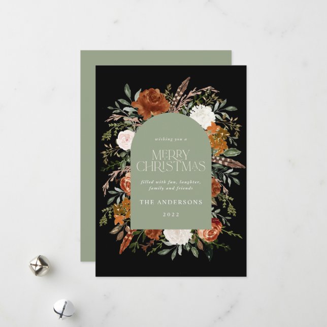 Cartes Pour Fêtes Annuelles Arc botanique élégant et fleuri vert Sage (Devant/Arrière en situation)