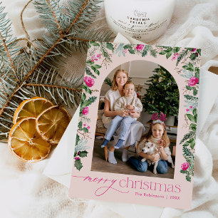 Cartes Pour Fêtes Annuelles Arc de verdure rose vif Noel 1 Photo