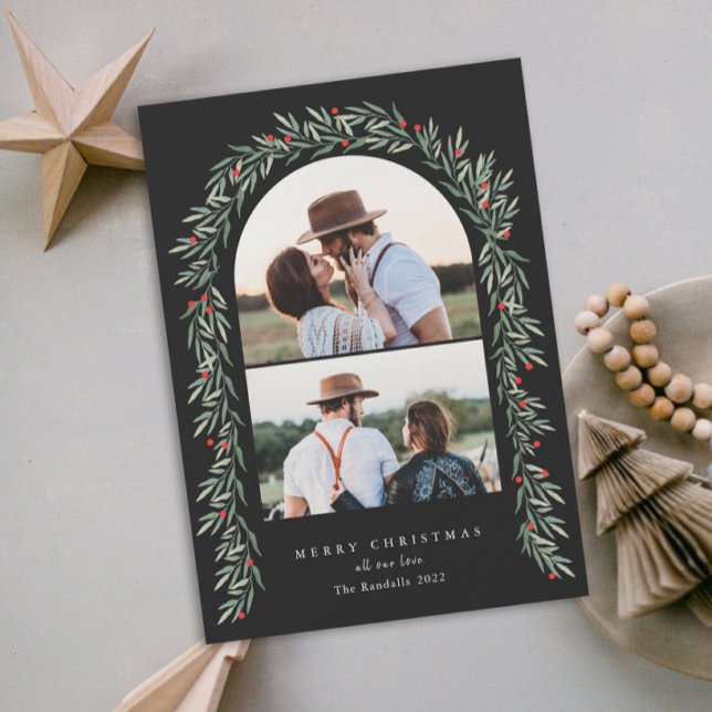 Cartes Pour Fêtes Annuelles Arc de verdure Script moderne 2 Photo Noël (Créateur téléchargé)