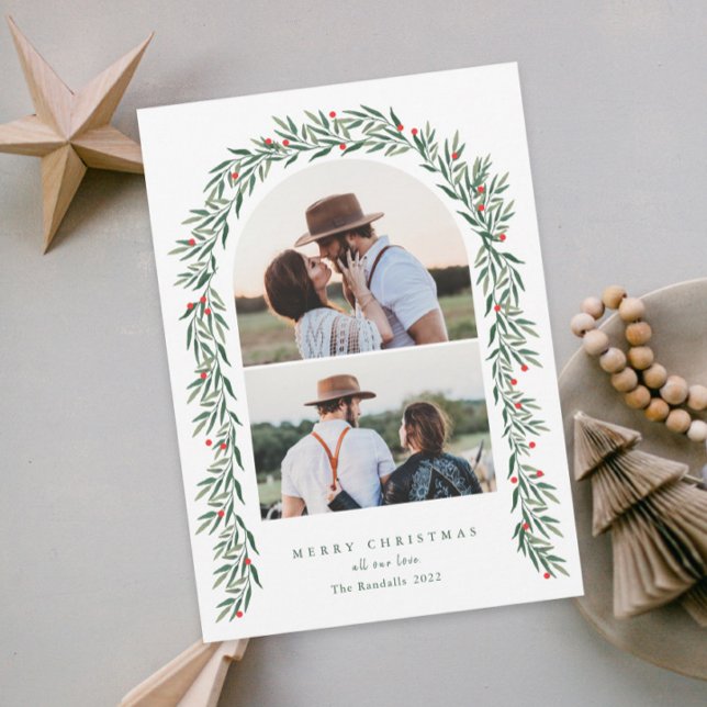 Cartes Pour Fêtes Annuelles Arc de verdure Script moderne 2 Photo Noël (Créateur téléchargé)