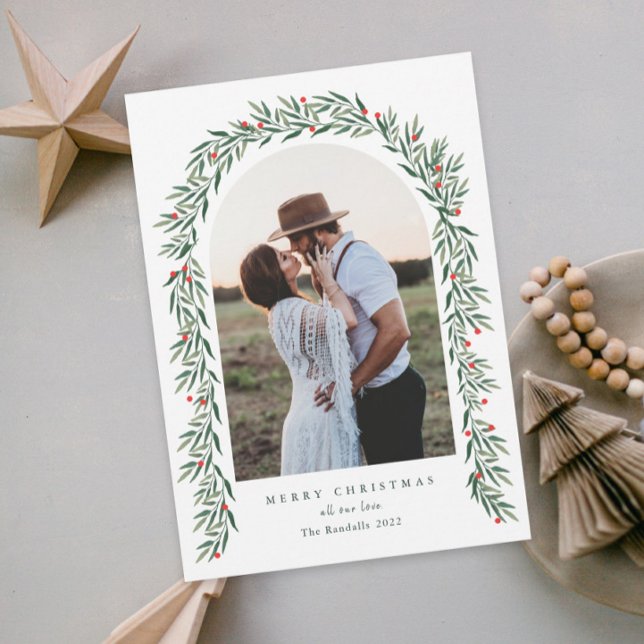 Cartes Pour Fêtes Annuelles Arc de verdure Script moderne Photo Noël (Créateur téléchargé)