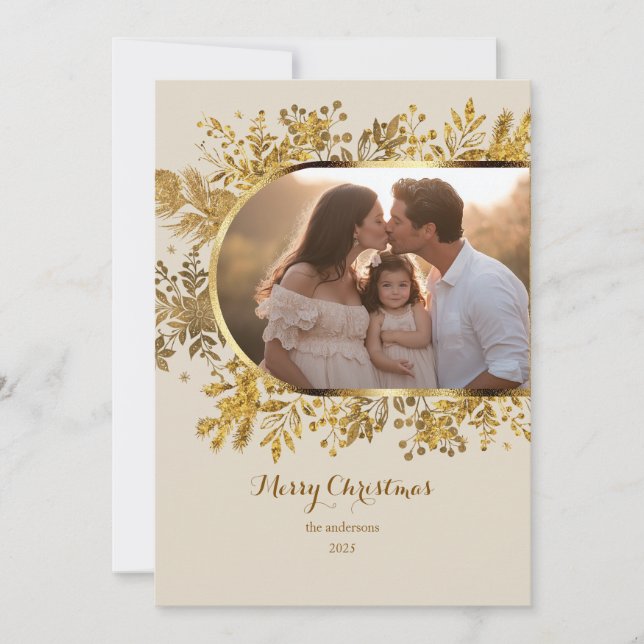 Cartes Pour Fêtes Annuelles Arc d'or vert moderne Script photo Noël (Devant)
