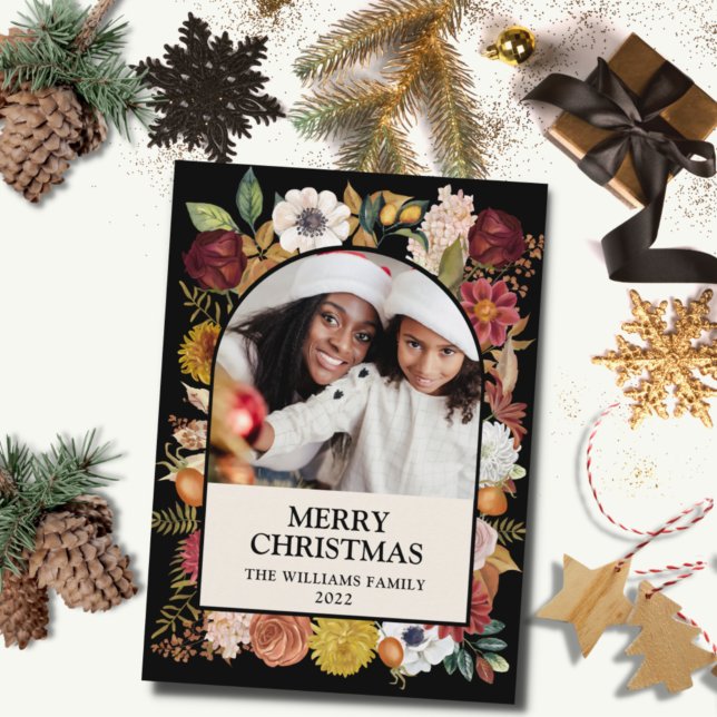Cartes Pour Fêtes Annuelles Arc photo de Noël botanique noir (Créateur téléchargé)