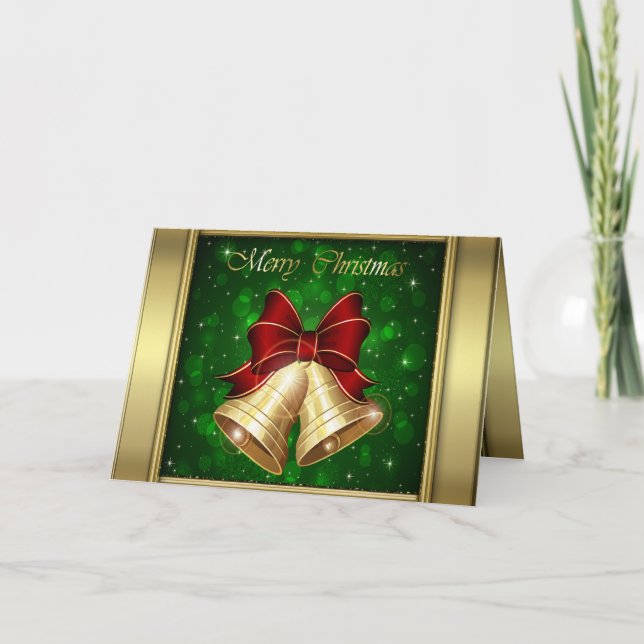 Cartes Pour Fêtes Annuelles Arc rouge d'or de Bells de Noël (Devant)