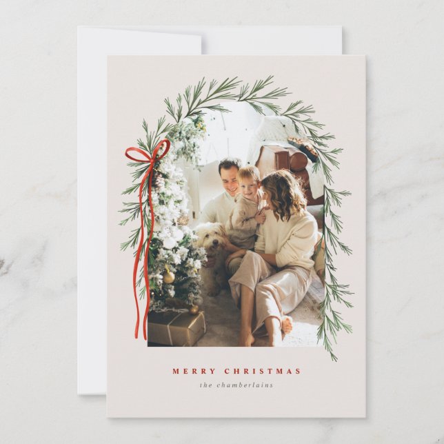 Cartes Pour Fêtes Annuelles Arc verdoyant & Bow Élégante photo ivoire Noël (Devant)