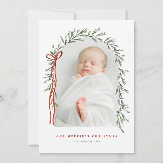 Cartes Pour Fêtes Annuelles Arc vert & Bow Élégant Script Multi Photo (Devant)