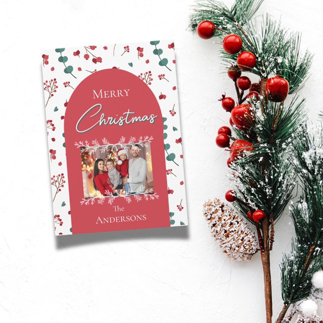Cartes Pour Fêtes Annuelles Arche botanique de Noël rouge Feuille Famille Phot (Créateur téléchargé)