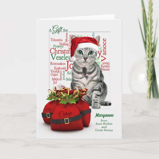 Cartes Pour Fêtes Annuelles Argent Enfermé Noël Tabby Chat (Devant)