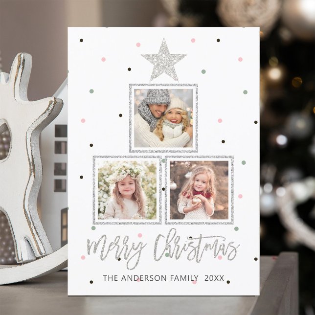 Cartes Pour Fêtes Annuelles Argent | Moderne Joyeux Noël 3 Photos (Créateur téléchargé)