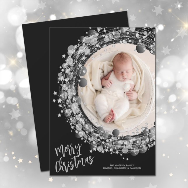 Cartes Pour Fêtes Annuelles Argent Stars Wreath Joyeux Noël Photo (Créateur téléchargé)