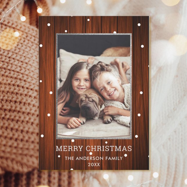 Cartes Pour Fêtes Annuelles Argentée | Rustic Country Bois Photo Noël (Créateur téléchargé)