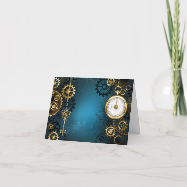 Cartes Pour Fêtes Annuelles Arrière - plan turquoise à vapeur avec Gears (Devant)