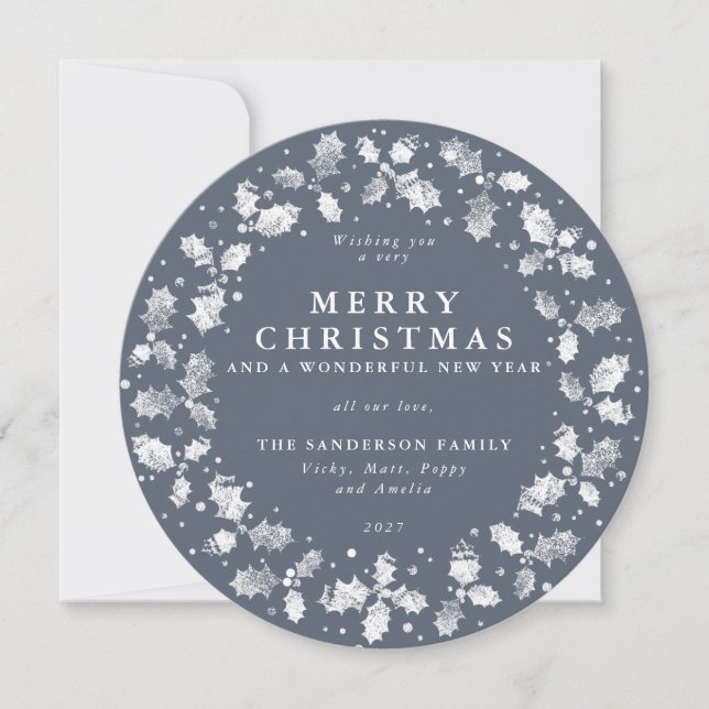 Cartes Pour Fêtes Annuelles Arrondi bleu gris Joyeux Noël Holly Wreath (Devant)