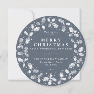 Cartes Pour Fêtes Annuelles Arrondi bleu gris Joyeux Noël Holly Wreath