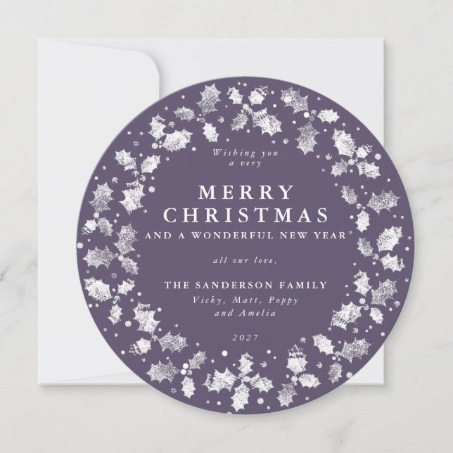 Cartes Pour Fêtes Annuelles Arrondi violet Joyeux Noël Holly Wreath (Devant)