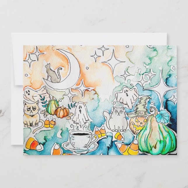Cartes Pour Fêtes Annuelles Art de chat d'Halloween (Devant)
