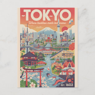 Cartes Pour Fêtes Annuelles Art de l'affiche de voyage rétro Tokyo Japon