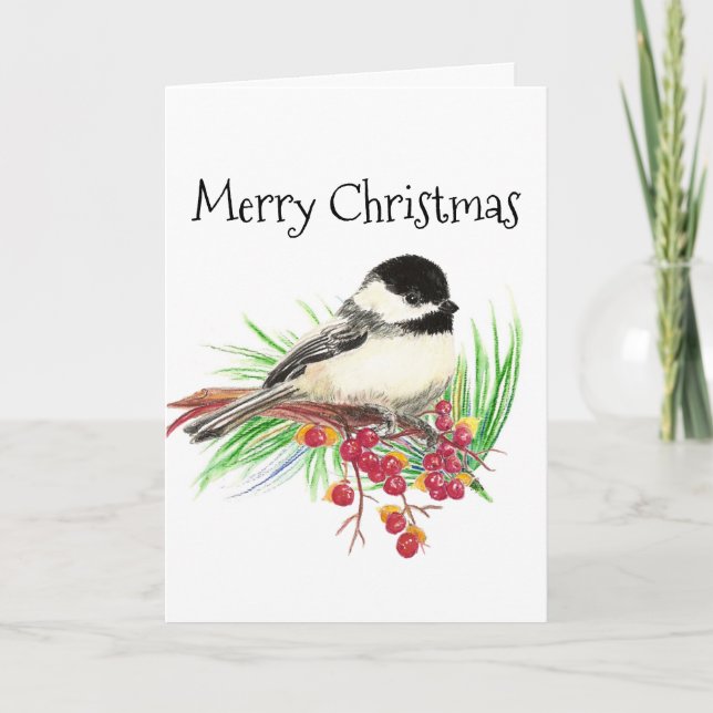 Cartes Pour Fêtes Annuelles Art d'oiseau de Chickadee d'aquarelle de Joyeux (Devant)