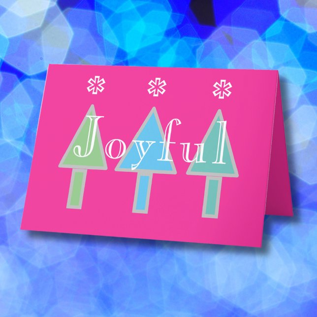 Cartes Pour Fêtes Annuelles Art Moderne Noël Personnalisé Nom mignon (Joyful pink horizontal holiday card with abstract art Christmas trees.)