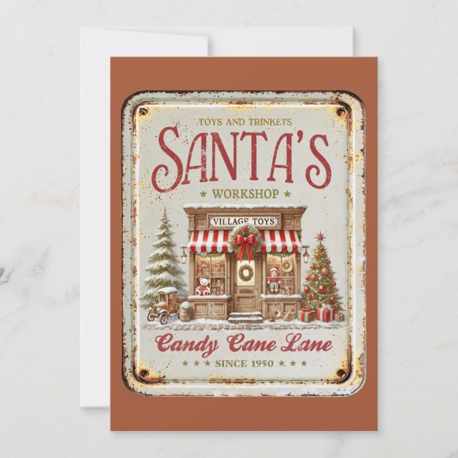 Cartes Pour Fêtes Annuelles Atelier Santas très rustique Village jouets 1950 (Devant)