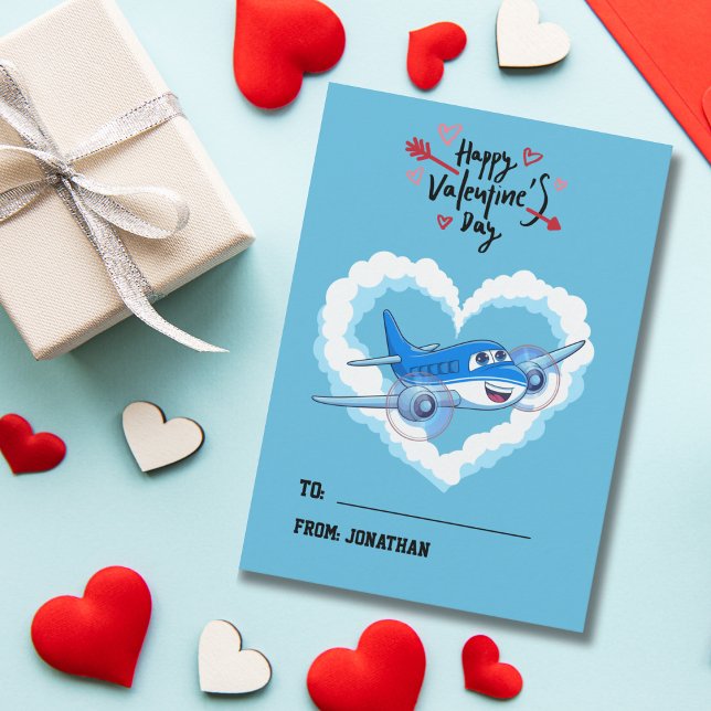 Cartes Pour Fêtes Annuelles Avion bleu mignon, école pour enfants, Saint-Valen (Créateur téléchargé)