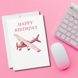 Cartes Pour Fêtes Annuelles Avion Cessna rose aquarelle Joyeux Anniversaire