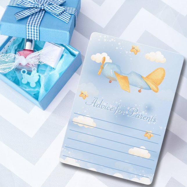 Cartes Pour Fêtes Annuelles Avion, Nuages & Etoiles, Bleu, Bébé garçon, mignon (Créateur téléchargé)