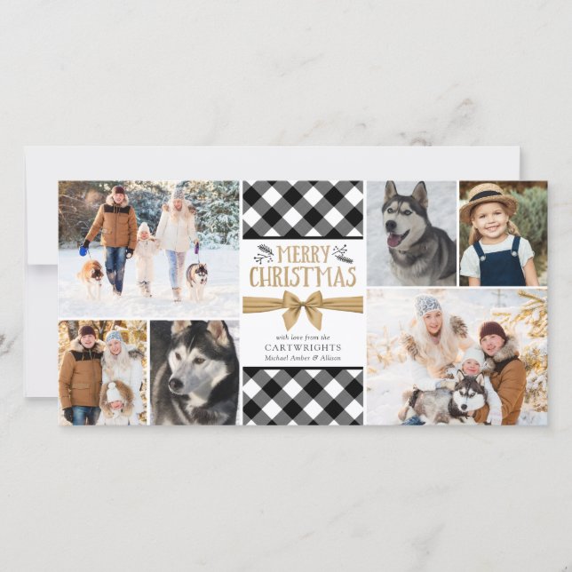 Cartes Pour Fêtes Annuelles B&W Buffalo Check Gold Brown MERRY NOËL (Devant)