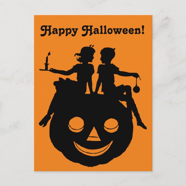 Cartes Pour Fêtes Annuelles B/W Halloween Silhouette Garçon Citrouille assis (Devant)