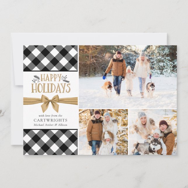 Cartes Pour Fêtes Annuelles B&W Plaid Buffalo Gold Brown Joyeuses vacances (Devant)