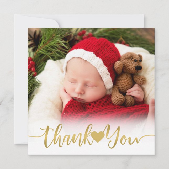 Cartes Pour Fêtes Annuelles Baby Birth Modern Gold Script avec Merci cardiaque (Devant)
