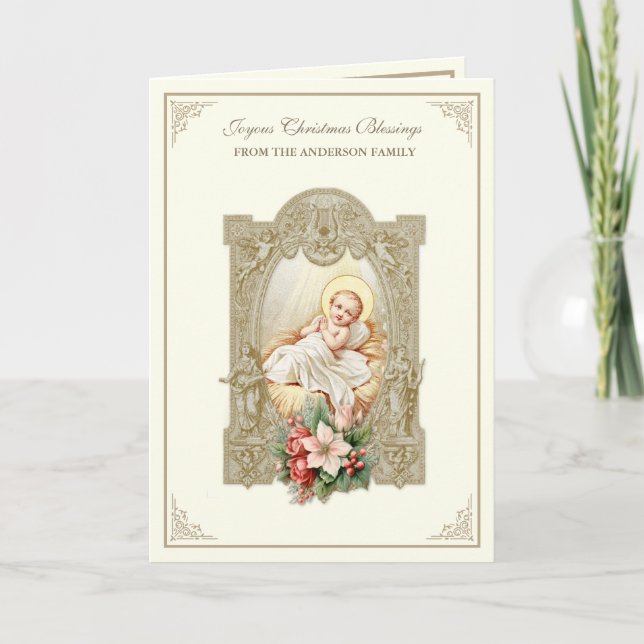 Cartes Pour Fêtes Annuelles Baby de Noël Jésus Poinsettias Écriture (Devant)