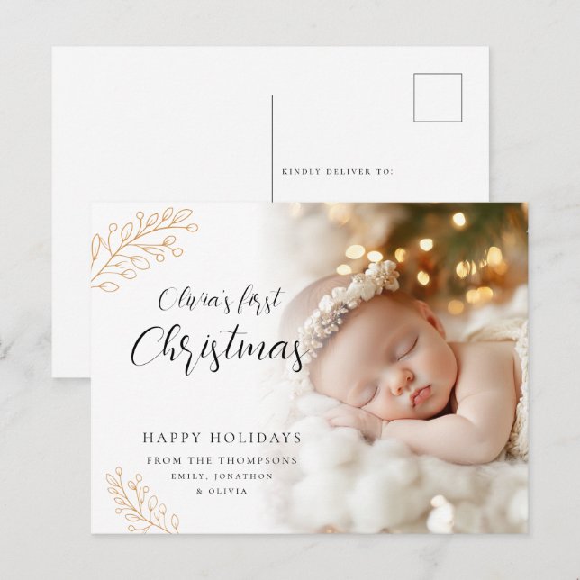 Cartes Pour Fêtes Annuelles Baby First Christmas Calligraphy Feuilles Photo (Devant / Derrière)