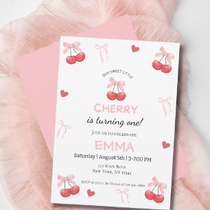 Cartes Pour Fêtes Annuelles Baby Girl First Birthday Cherry & Pink Bow mignonn