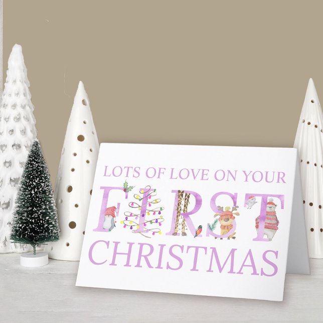 Cartes Pour Fêtes Annuelles Baby Girl First Christmas mignon Animal personnali (Baby Girl 1st Christmas Card. Buy professionally printed or as a printable digital download.)