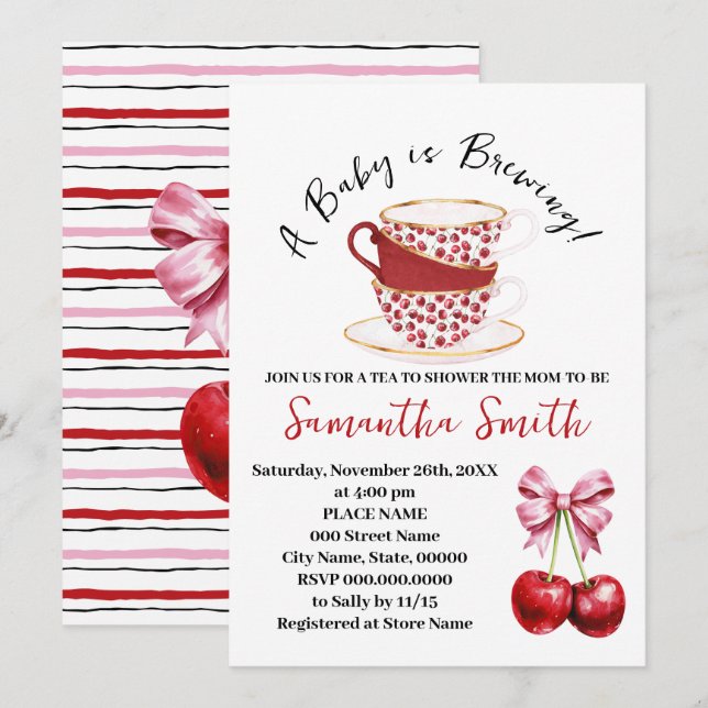 Cartes Pour Fêtes Annuelles Baby shower à thé Cherry Pink (Devant / Derrière)