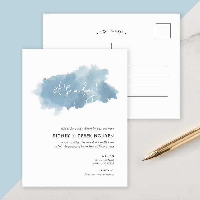 Cartes Pour Fêtes Annuelles Baby shower d'aquarelle Sky Blue par Mail Invitati (Créateur téléchargé)