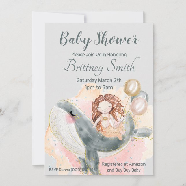 Cartes Pour Fêtes Annuelles Baby shower de sirène, sirène et baleine (Devant)
