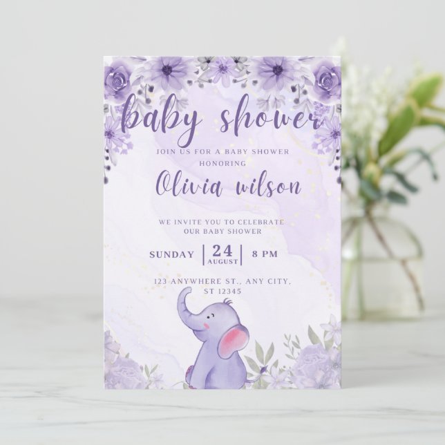 Cartes Pour Fêtes Annuelles baby shower d'invitation fleurs d'éléphants violet (Debout devant)