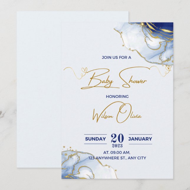Cartes Pour Fêtes Annuelles baby shower d'or bleu (Devant / Derrière)