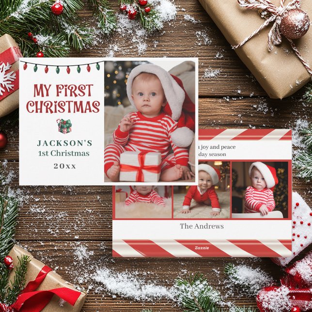 Cartes Pour Fêtes Annuelles Baby's 1st Christmas Red Green Candy Cane Photo ("My first Christmas" baby's 1st Christmas photo card)