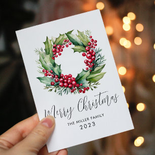 Cartes Pour Fêtes Annuelles Baies d'aquarelle de Noël et couronne de verdure