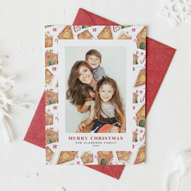 Cartes Pour Fêtes Annuelles Baies d'aquarelle et verdure Photo de Noël (Festive Gingerbread House White Photo Christmas Holiday Card)