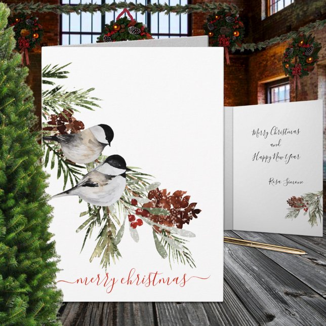 Cartes Pour Fêtes Annuelles Baies de Pins de Chickadee d'hiver Joyeux Noël (Winter Chickadees Pine Berries Merry Christmas Holiday Card: watercolour-painted on all 4 sides)