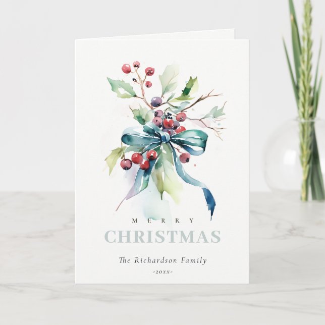 Cartes Pour Fêtes Annuelles Baies d'hiver bleu-vert aquarelle Noël (Devant)