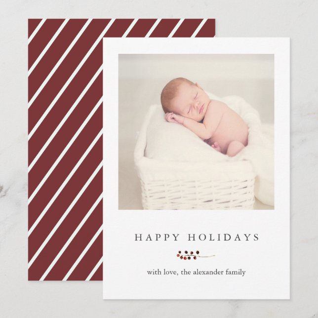 Cartes Pour Fêtes Annuelles Baies d'hiver et rayures Joyeuses vacances Photo (Devant / Derrière)