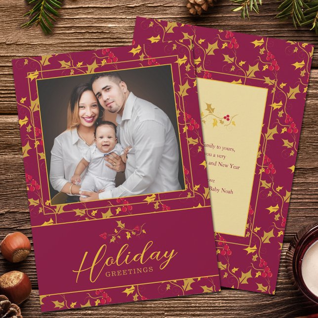 Cartes Pour Fêtes Annuelles Baies d'or rouge photo de Noël (Créateur téléchargé)